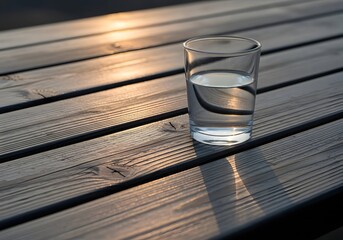 A glass of water sits on a wooden surface with sunlight casting shadows creating a peaceful scene