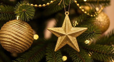 Close up of a Christmas Tree with Golden Ornaments and Sparkling Lights