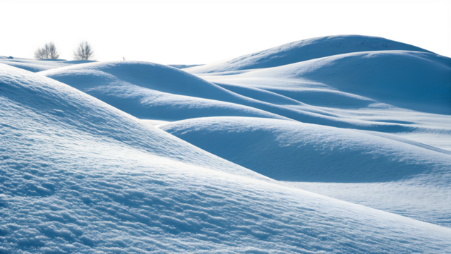 Pristine white snow drifts form gentle rolling hills, creating a beautiful tranquil winter landscape, perfectly isolated on a transparent background.