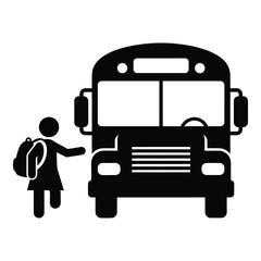 Child with backpack boarding school bus simple icon symbolizing education and transportation