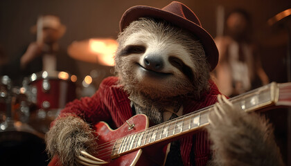 A sloth musician playing guitar in a band.