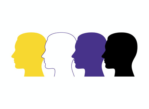 Advocates uphold the rights of nonbinary people, illustrated in a vector image featuring diverse cultural faces in profile, each colored with the hues of the nonbinary flag