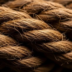 A macro shot of a tightly wound brown rope showing the texture and detail of the natural fibers