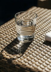 A glass of water on a woven surface casting a shadow in the sunlight on a bright day outside