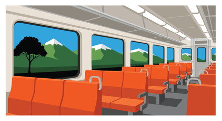 Scenic train ride illustration with mountain views for travel and tourism campaigns, showcasing comfortable transport and beautiful landscapes