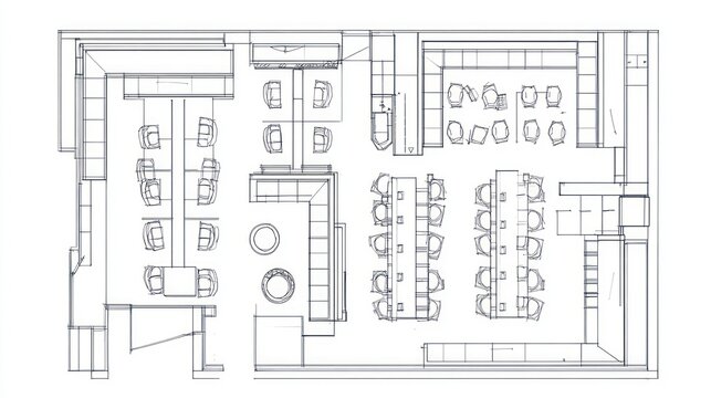 Office floor plan with tables, chairs, and open area for collaboration or meetings