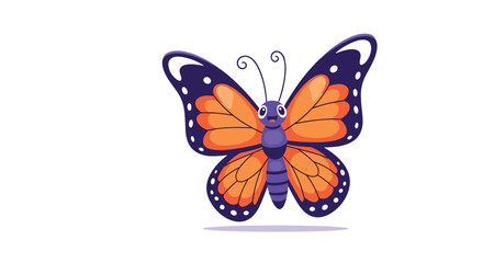 Obraz premium A cheerful orange and purple cartoon butterfly with a smiling face, spread wings, and antennae, isolated on a white background.