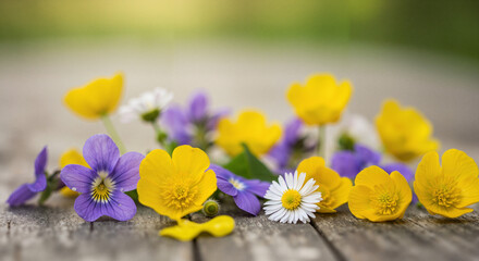 Colorful wildflowers on wooden surface in soft natural light