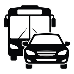 Black silhouette of a bus and car iconic transportation symbols for public and private travel