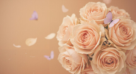 Fototapeta premium Bouquet of peach roses with butterflies on soft pastel background 
