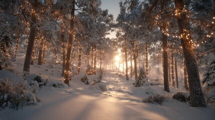 Naklejka premium Serene Winter Wonderland with Twinkling Lights and Snowy Pathway