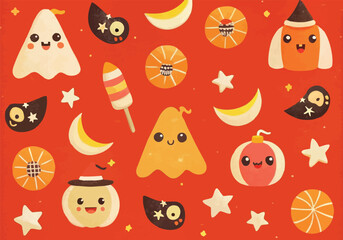Hey Pumpkin Main pattern with cute ghosts, pumpkins, candy, stars, moons in vibrant Halloween colors.
