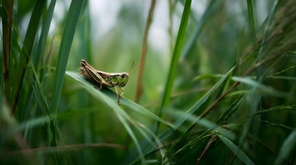 Naklejka premium A grasshopper rests on a blade of green grass in a natural outdoor setting