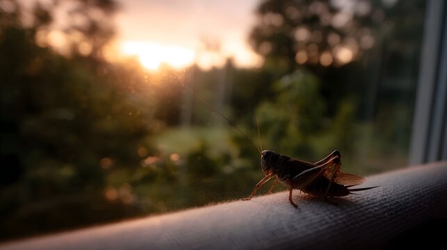 A grasshopper perches on a textured surface by a window with the golden light of sunset in the background