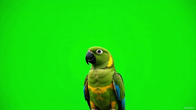 Vibrant green parrot with bright yellow markings looking curiously to the side on a green screen