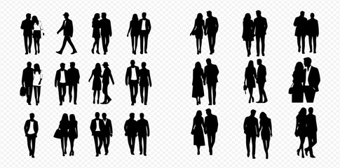 Collection of black silhouettes of couples and individuals walking and standing, isolated on a transparent background.