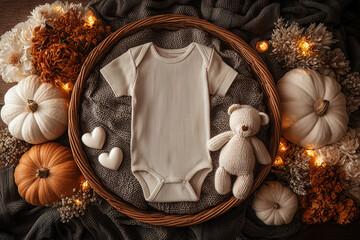 Fall Boho Pregnancy Announcement with Onesie and Pumpkins