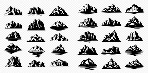 Collection of various black and white mountain range illustrations with different peaks and rugged terrain, suitable for graphic design projects.