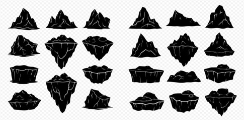 Collection of stylized black rock formations, mountain peaks, and floating islands graphic resources.