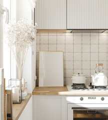 Frame mockup in cozy light kitchen interior, Scandinavian style, 3d render