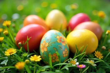 Whimsical Easter Egg Hunt in Nature A close up shot of vibrantly colored, uniquely patterned Easter eggs artfully hidden within a lush, dewy spring meadow. Soft, natural sunlight illuminates the
