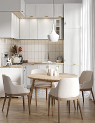 Cozy light kitchen interior, Scandinavian style, 3d render