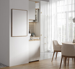 Frame mockup in cozy light kitchen interior, Scandinavian style, 3d render