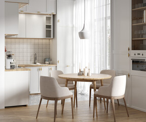 Cozy light kitchen interior, Scandinavian style, 3d render