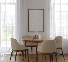 Fototapeta na wymiar Frame mockup in cozy light kitchen interior, Scandinavian style, 3d render