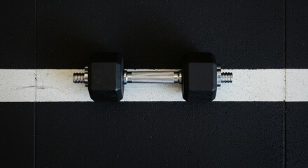 A black dumbbell rests on a textured dark gray surface intersected by a stark white line, symbolizing fitness and exercise.