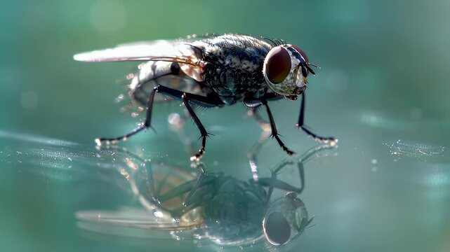 Close-up of a housefly with red eyes and striped body on a reflective surface.
