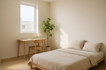 Fototapeta premium Minimalist Bedroom with Natural Light and Desk – Calm Modern Interior Inspiration for Stylish and Functional Home Spaces
