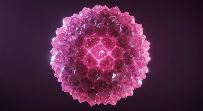 A vibrant, glowing sphere composed of numerous pink crystals arranged in a complex, geometric pattern against a dark background.