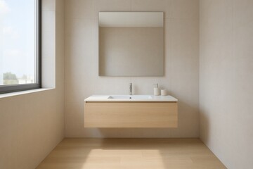Fototapeta premium Modern Minimalist Bathroom with Floating Wooden Vanity and Large Mirror — Contemporary Interior Design with Natural Materials and Clean Lines