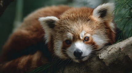 Fototapeta premium A cute red panda rests peacefully on a tree branch surrounded by lush green foliage
