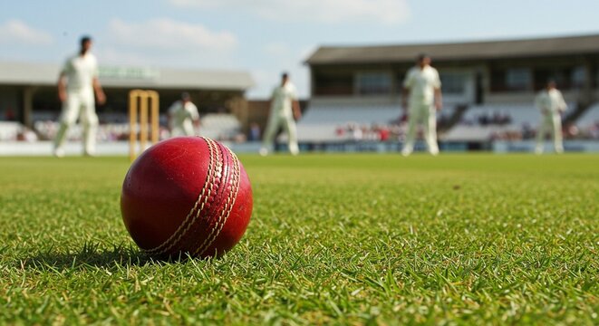 Close-up of a red cricket ball on a green field during a game, players in the background, wickets and stands visible in daylight