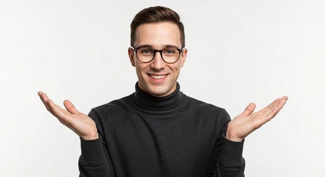 Enthusiastic man wearing eyeglasses with hands gesturing upwards, showcasing or presenting on white background in studio shot.