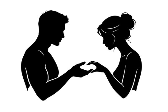 Silueta de una pareja romantica: hombre y mujer uno frente al otro, vista de perfil, rom&aacute;ntico, elegante, blanco y negro, dise&ntilde;o minimalista, ilustraci&oacute;n vectorial. 