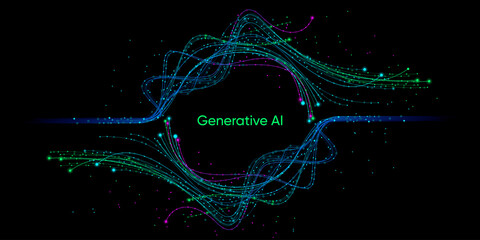Illustration of abstract stream, AI brain concept. Artificial intelligence. Big data, technology, AI, data transfer, data flow, large language model, generative AI, LLM, NLP. NLG