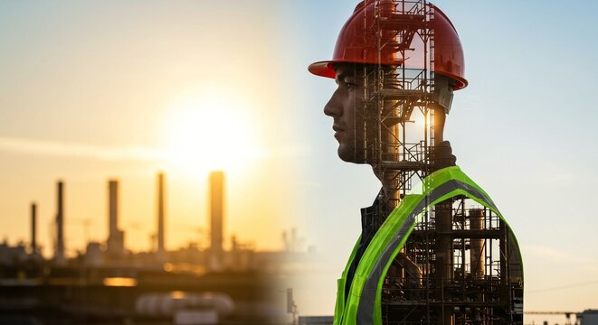 A striking composite image showcasing the industrial sector with a construction worker superimposed over an oil refinery backdrop at sunset.
