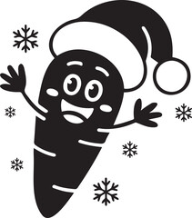 Joyful cartoon carrot wearing a Santa hat silhouette vector illustration