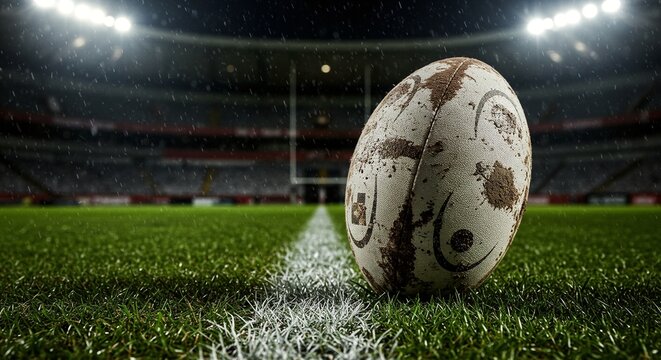 Rugby ball on field in the rain, emphasizing the grit and determination of the sport in challenging weather conditions. Focus on the game. - Powered by Adobe