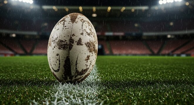 Rugby ball sits on the field with muddy spots, against a rainy stadium background. Ready for the game despite bad weather.