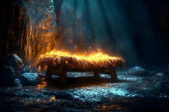 A symbolic digital artwork of an empty manger glowing under heavenly light, representing the nativity of Jesus.
