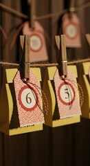 Handmade Advent Calendar with Paper Bags and Decorative Tags Hanging on Twine Christmas Preparation