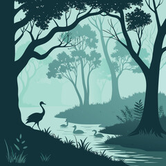 Stylized Forest River Landscape with Heron. Tranquil Swamp or Wooded Stream Vector Illustration. © SABIHA