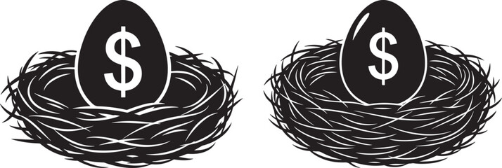 Two nests holding dollar coins representing financial security and investment silhouette