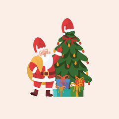 Festive Santa Claus with a Christmas Tree and Presents A cheerful illustration perfect for holiday designs, greeting cards, and seasonal projects