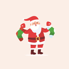 Santa Claus holding two Christmas stockings, a jovial character in a festive red suit and hat, ready to fill them with gifts during the holiday season
