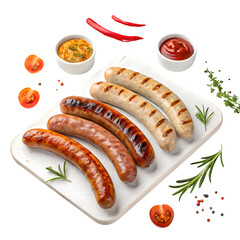 Grilled Sausage Platter: Assorted Meats, Bratwurst, Hot Dogs, Mustard & Herbs on transparent background